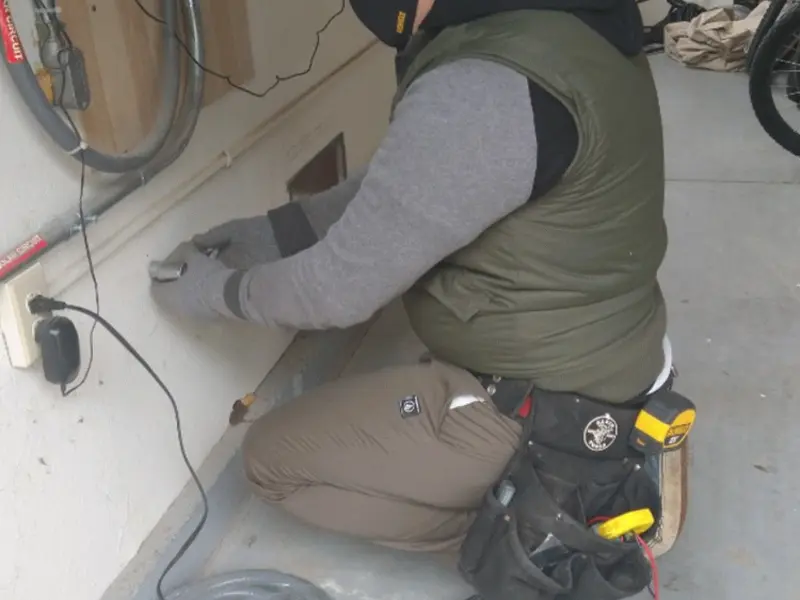 Electrician performing outlet wiring in a Brooklyn garage